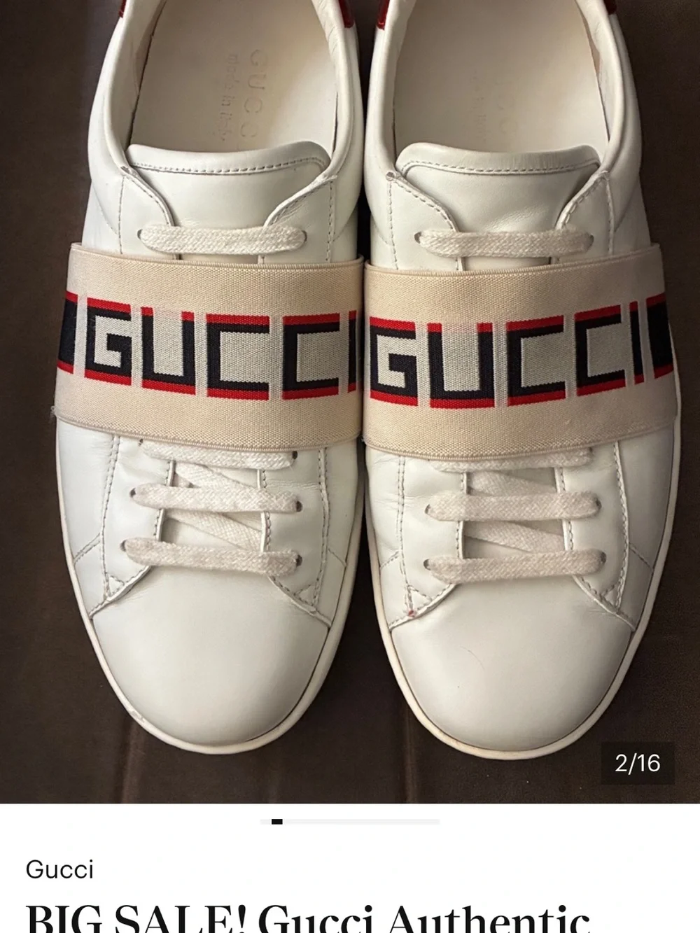 SALE GUCCI White Leather Sneakers Logo Strap across foot men’s has serial number